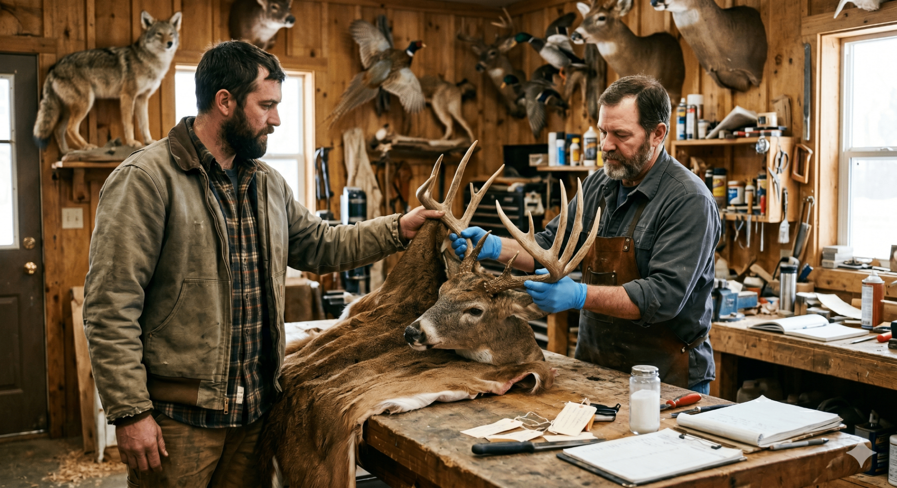 Hunter dropping off a fresh whitetail cape at a taxidermy shop