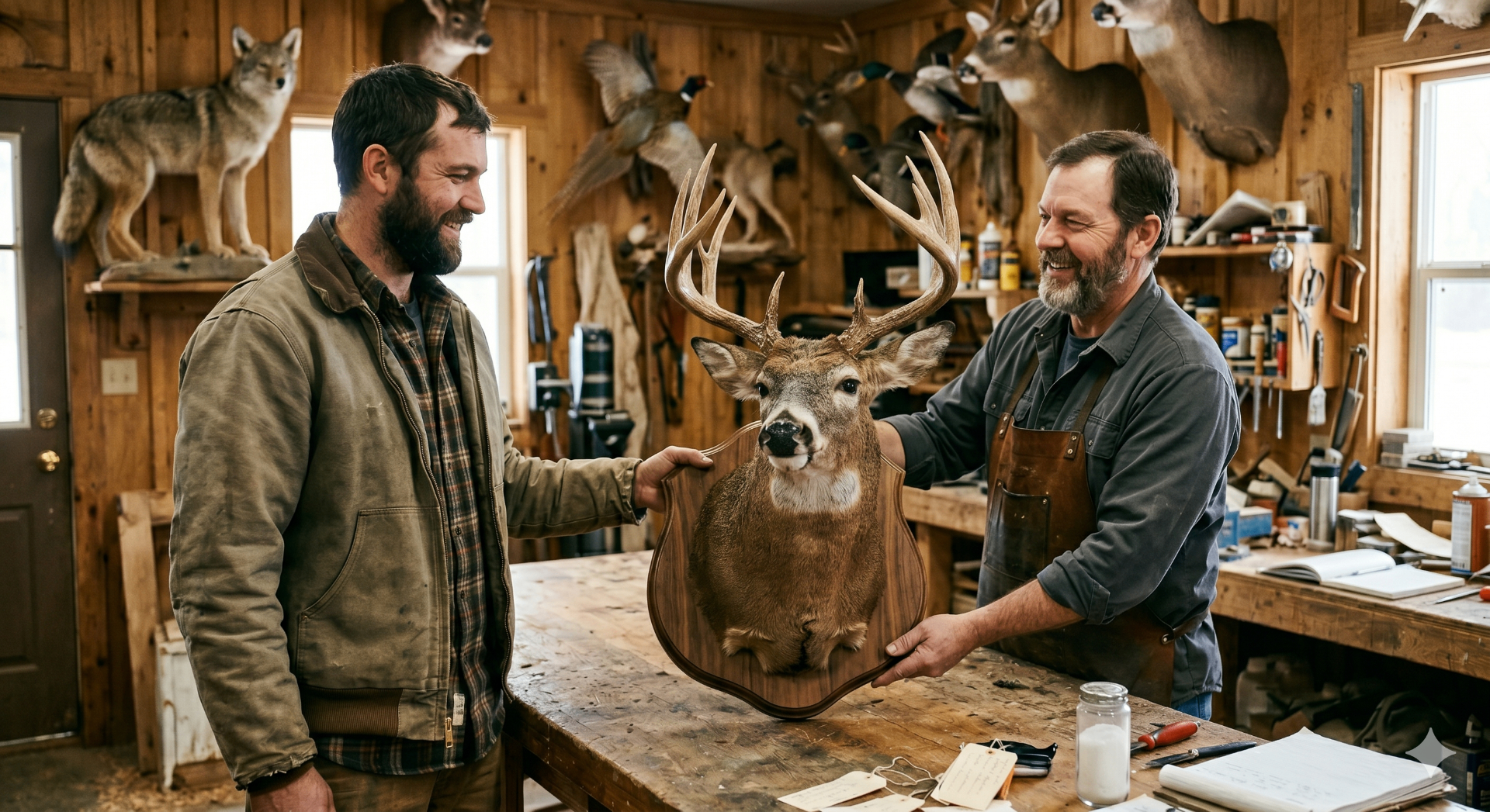 Taxidermist handing a finished whitetail shoulder mount to a happy customer
